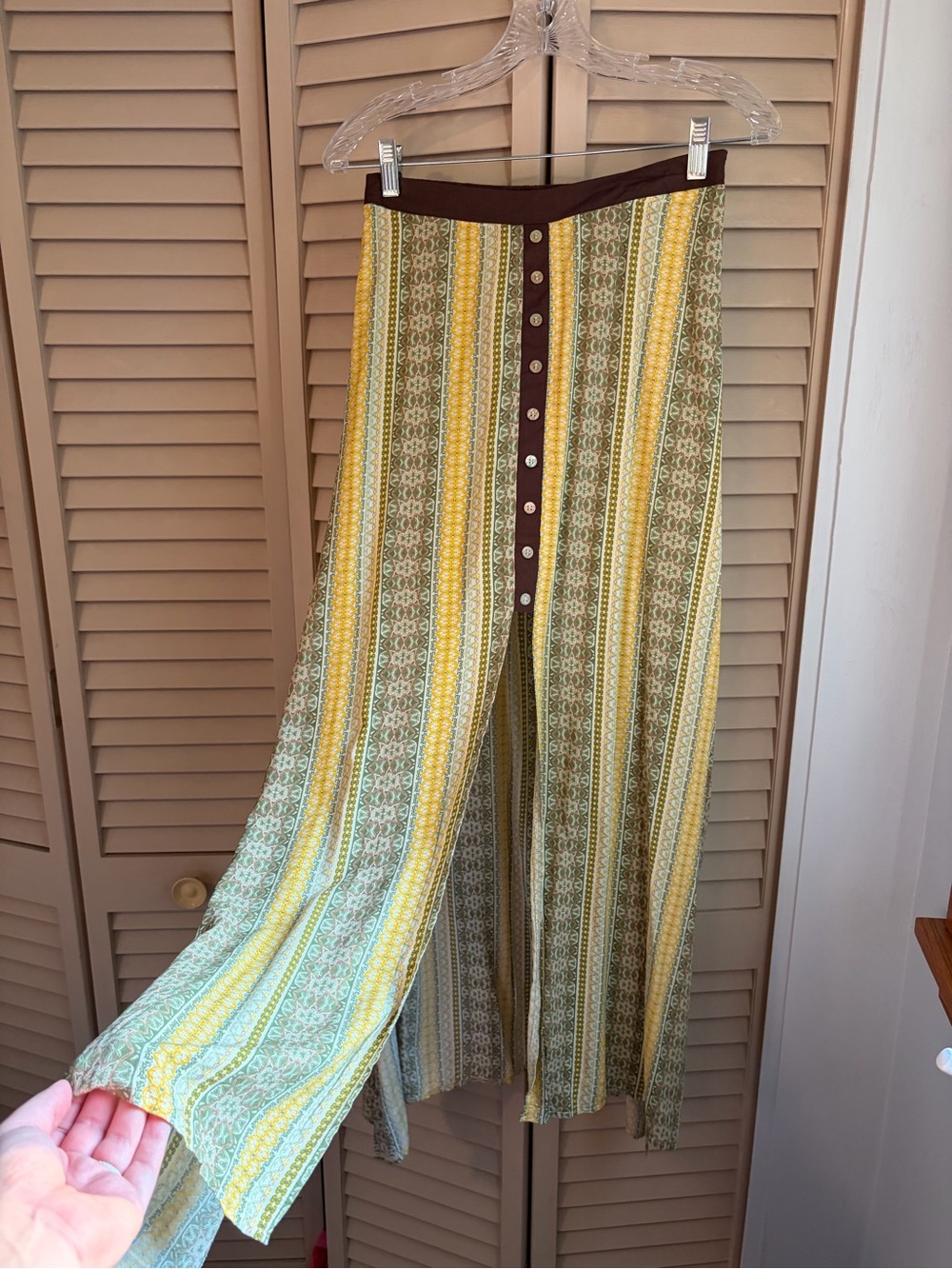Brown-Trim Yellow & Green Striped Skirt